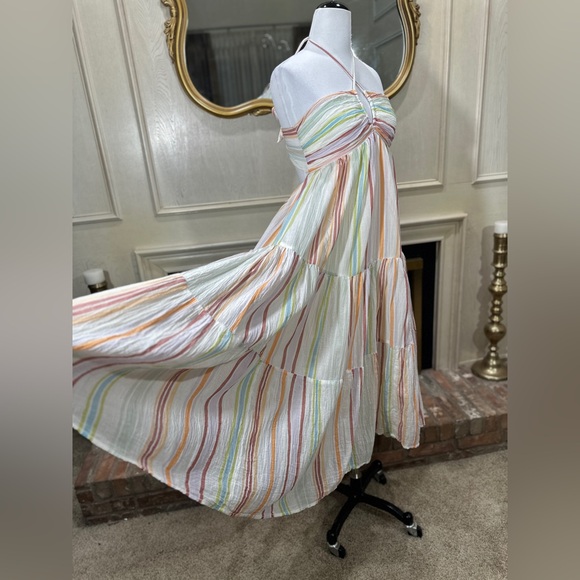 American Eagle Striped Ruched Halter Midi Dress | M | Cotton Lined Tiered - Picture 12 of 16